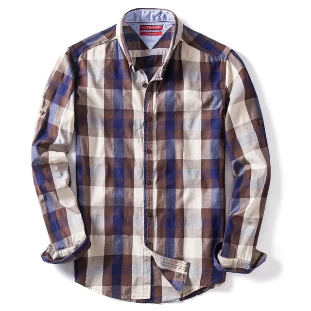 100% COTTON PLAID SHIRT TOP QUALITY LONG SLEEVE MEN'S SHIRTS