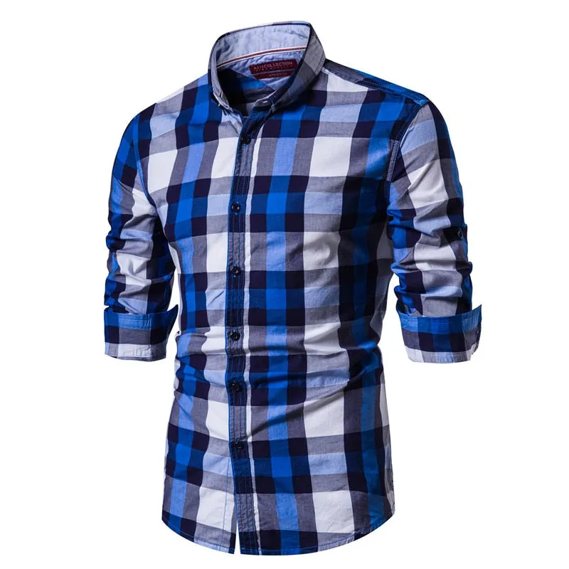 100% COTTON PLAID SHIRT TOP QUALITY LONG SLEEVE MEN'S SHIRTS