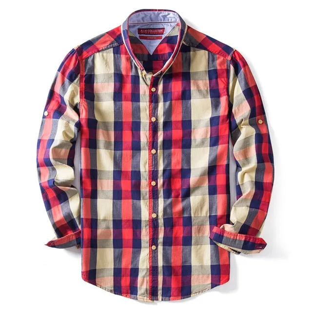 100% COTTON PLAID SHIRT TOP QUALITY LONG SLEEVE MEN'S SHIRTS