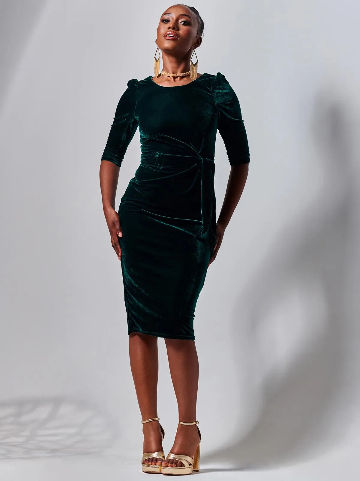 3/4 Sleeve Tie Detail Velvet Midi Dress, Forest Green