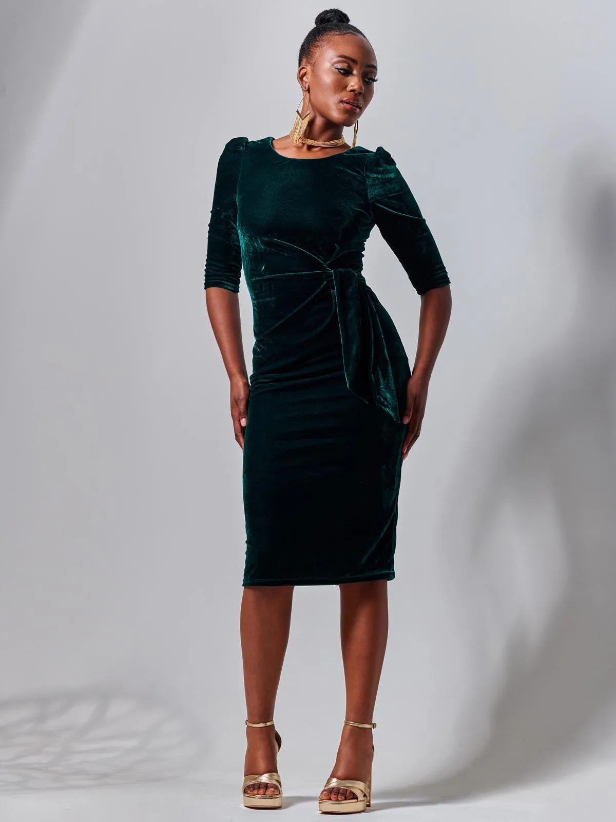 3/4 Sleeve Tie Detail Velvet Midi Dress, Forest Green