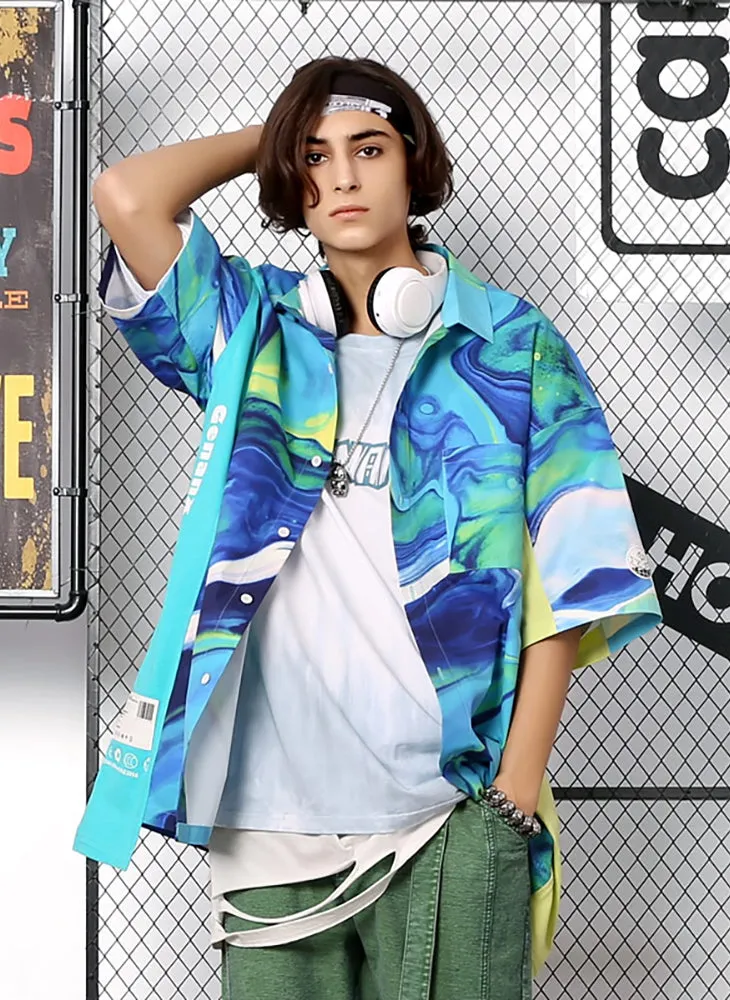 Abstract Printed Color Block Pointed Collar Shirt