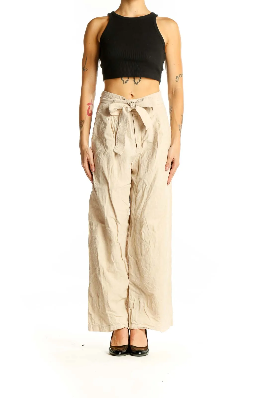 Beige Linen Wide-Leg Pants with Tie Waist