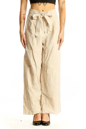 Beige Linen Wide-Leg Pants with Tie Waist