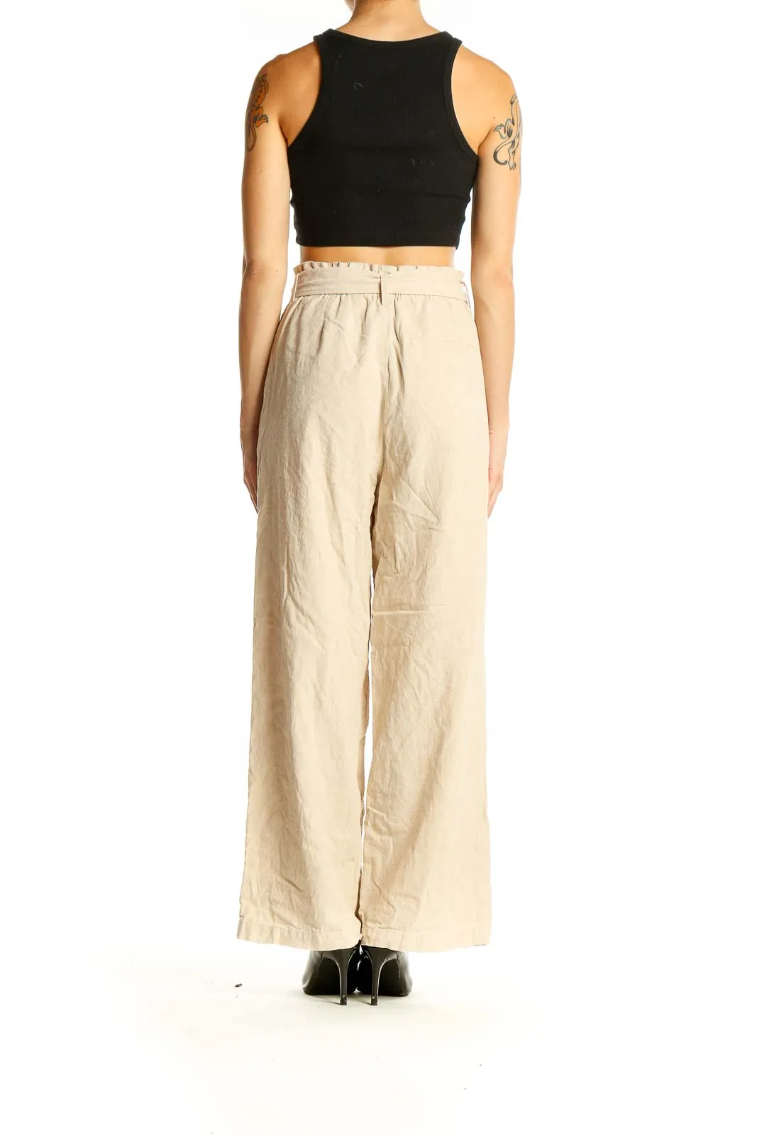 Beige Linen Wide-Leg Pants with Tie Waist