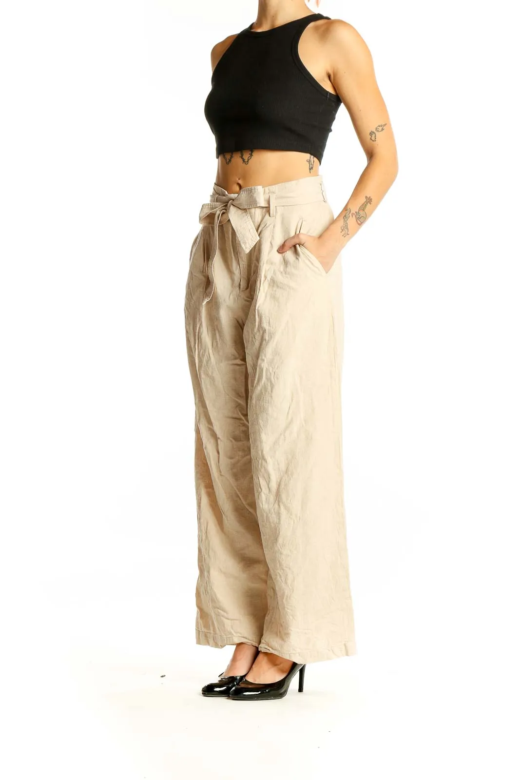 Beige Linen Wide-Leg Pants with Tie Waist