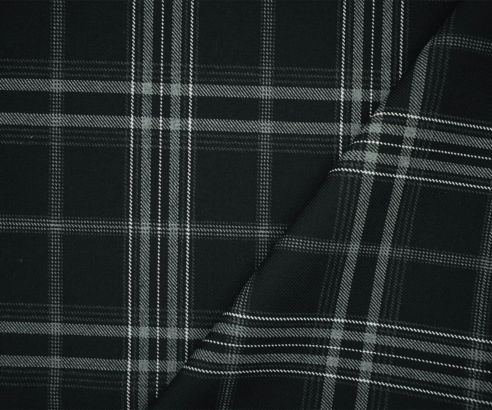 Black-Gray-White Wool-Poly Plaid Twill Woven Suiting Fabric