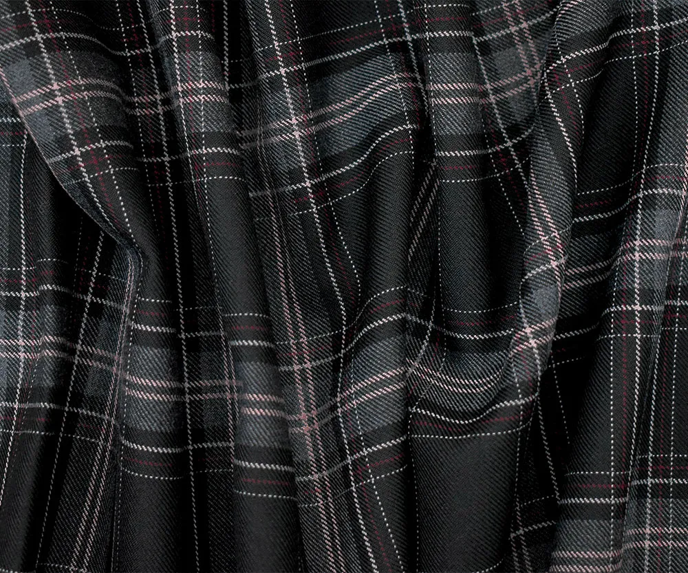 Black-Pink-Multi Poly-Wool Plaid Twill Woven Suiting Fabric