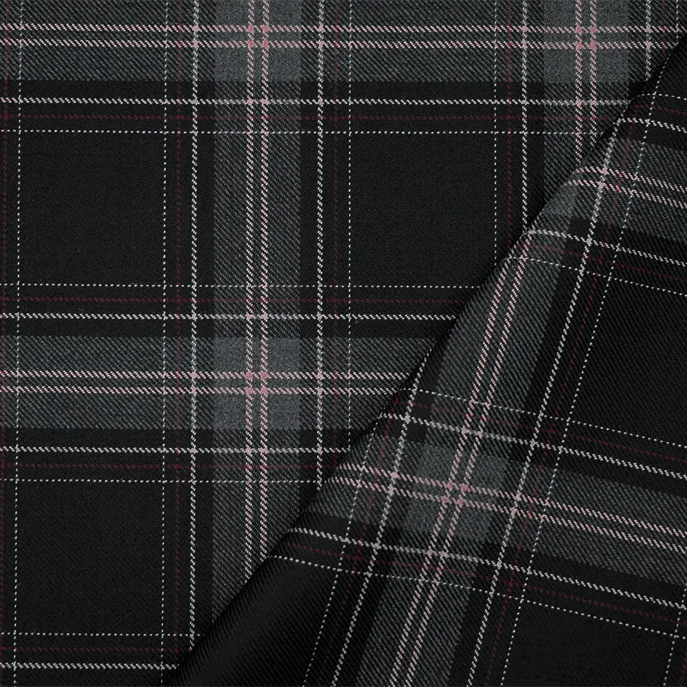 Black-Pink-Multi Poly-Wool Plaid Twill Woven Suiting Fabric