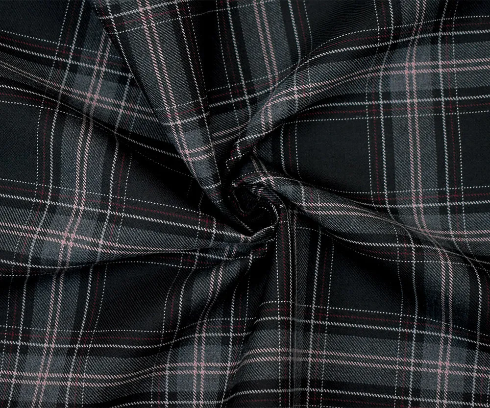 Black-Pink-Multi Poly-Wool Plaid Twill Woven Suiting Fabric