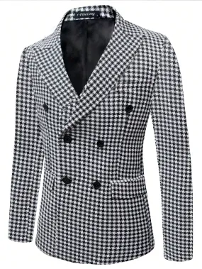 Black White Houndstooth Print Double Breasted Shawl Collar Blazer