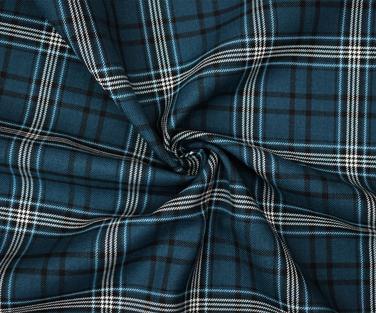 Blue-Black-White Polyester Wool Blend Plaid Twill Suiting Fabric