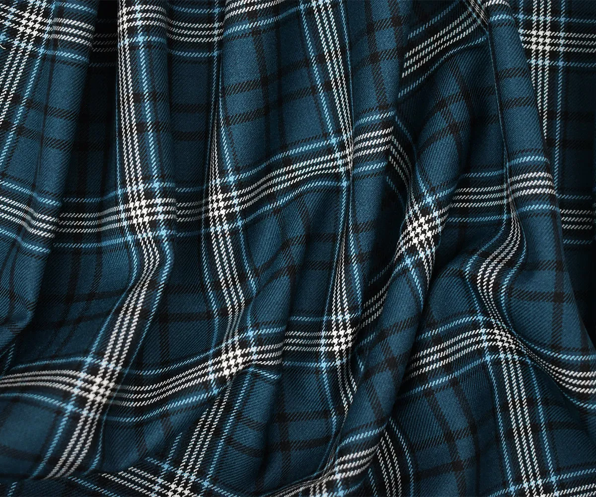 Blue-Black-White Polyester Wool Blend Plaid Twill Suiting Fabric