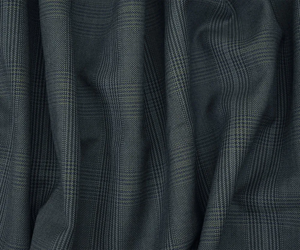 Blue-Gray-Black Wool Polyester Glen Plaid Woven Suiting Fabric