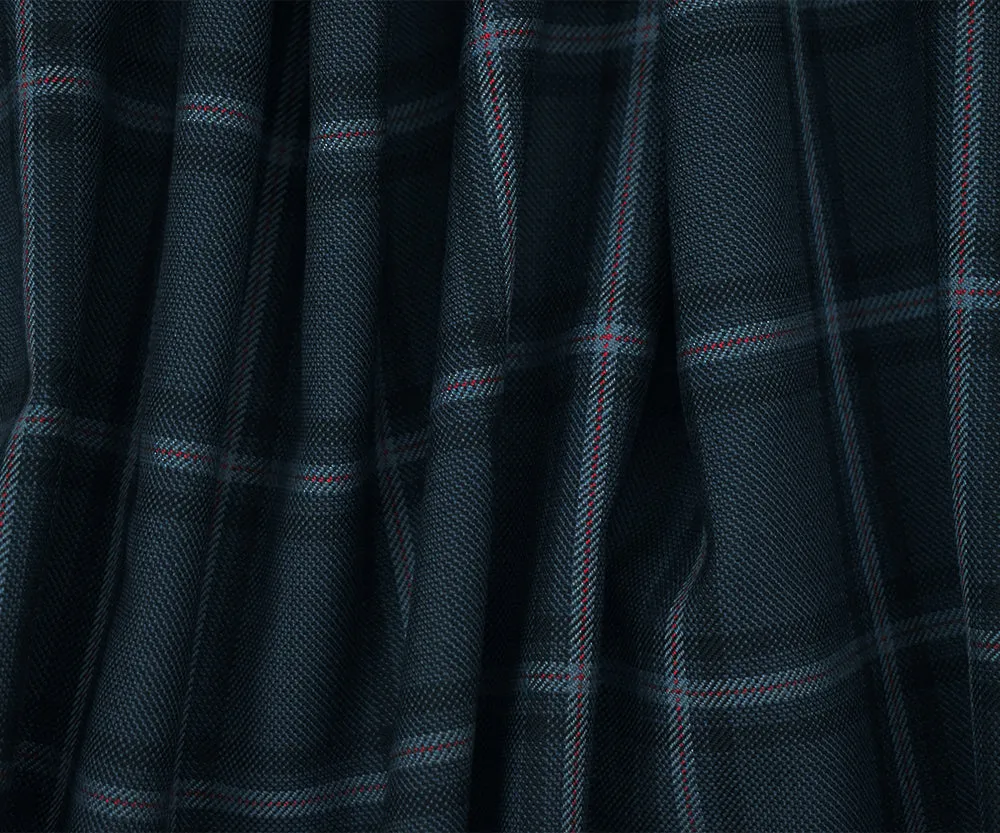 Blue-Red-Black Polyester Wool Plaid Woven Shirting Fabric