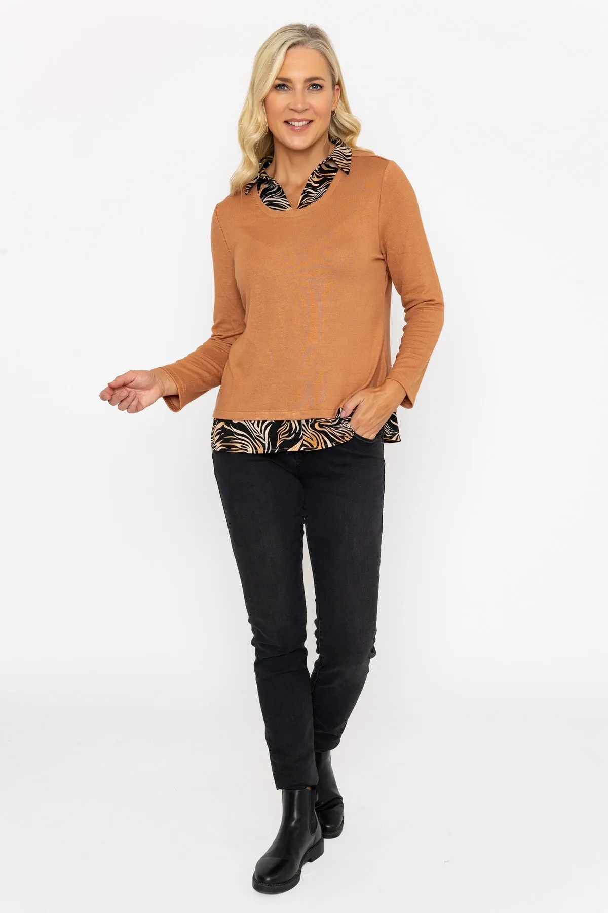 Camel Top With Print Collar & Hem