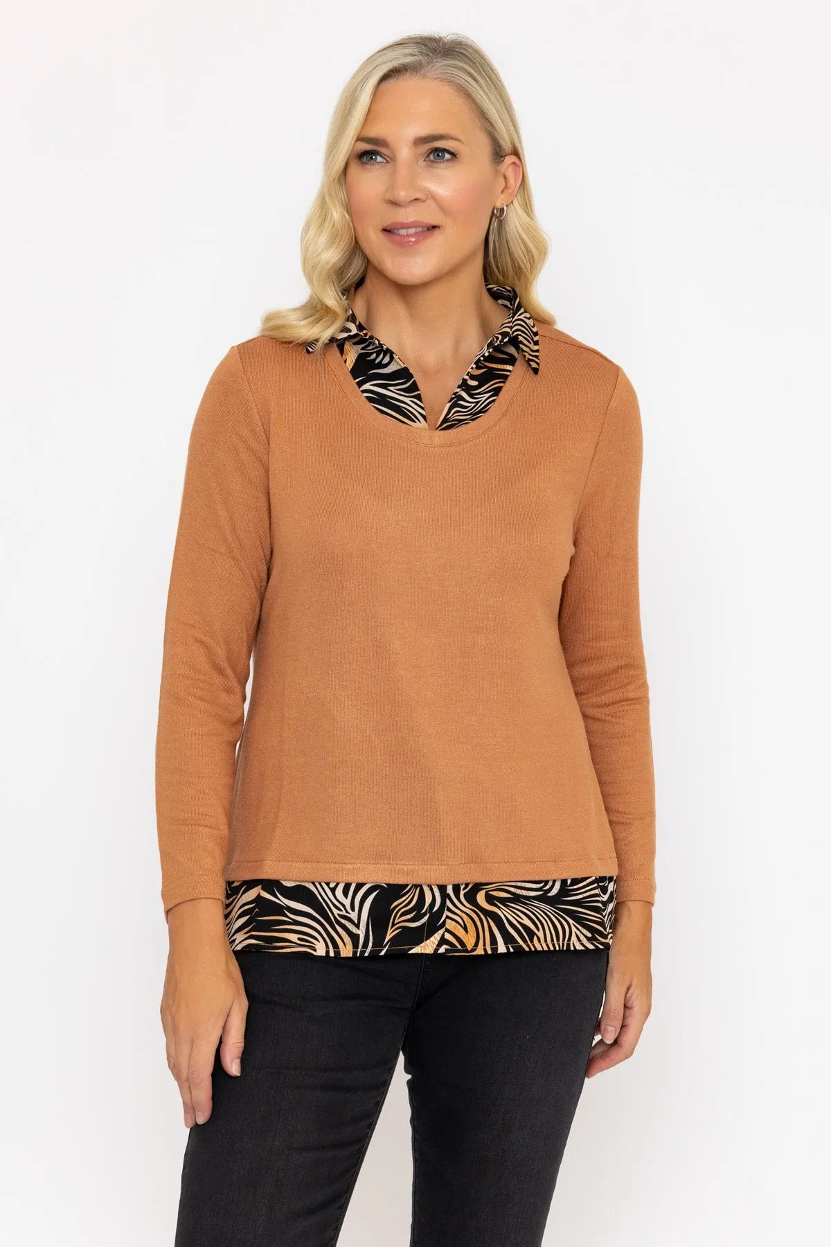 Camel Top With Print Collar & Hem