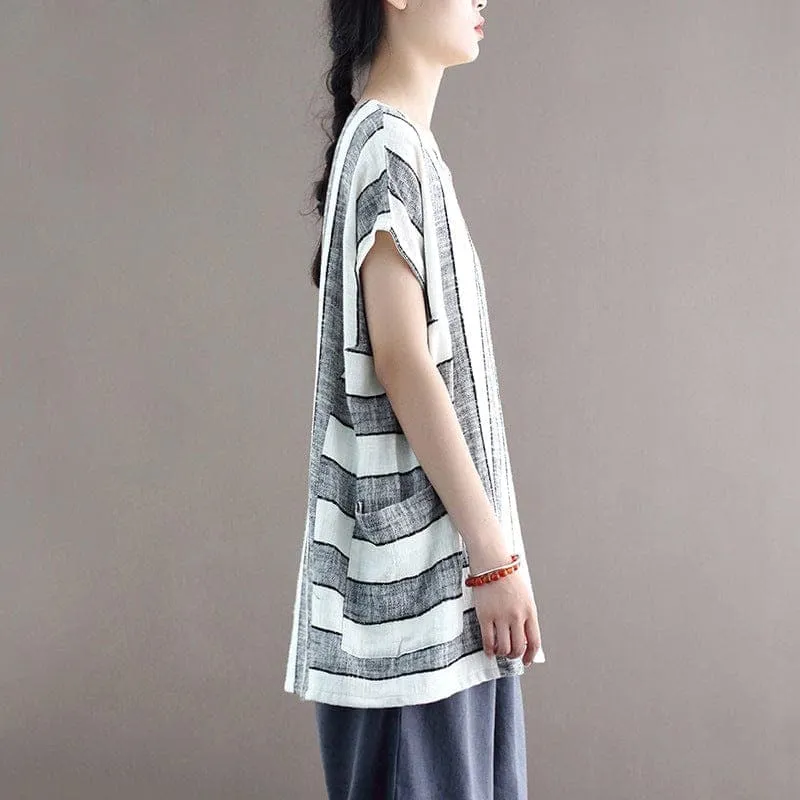 Cotton and Linen Oversized Striped T-Shirt