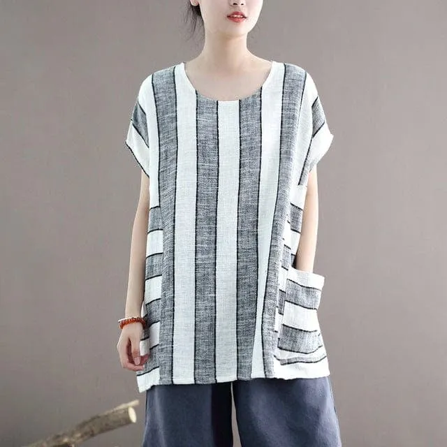 Cotton and Linen Oversized Striped T-Shirt