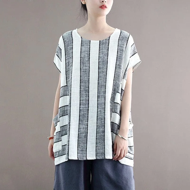 Cotton and Linen Oversized Striped T-Shirt