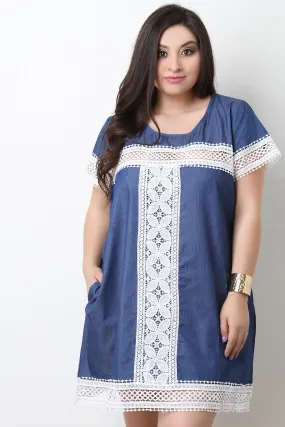 Crochet Detailed Denim Pocket Shift Dress