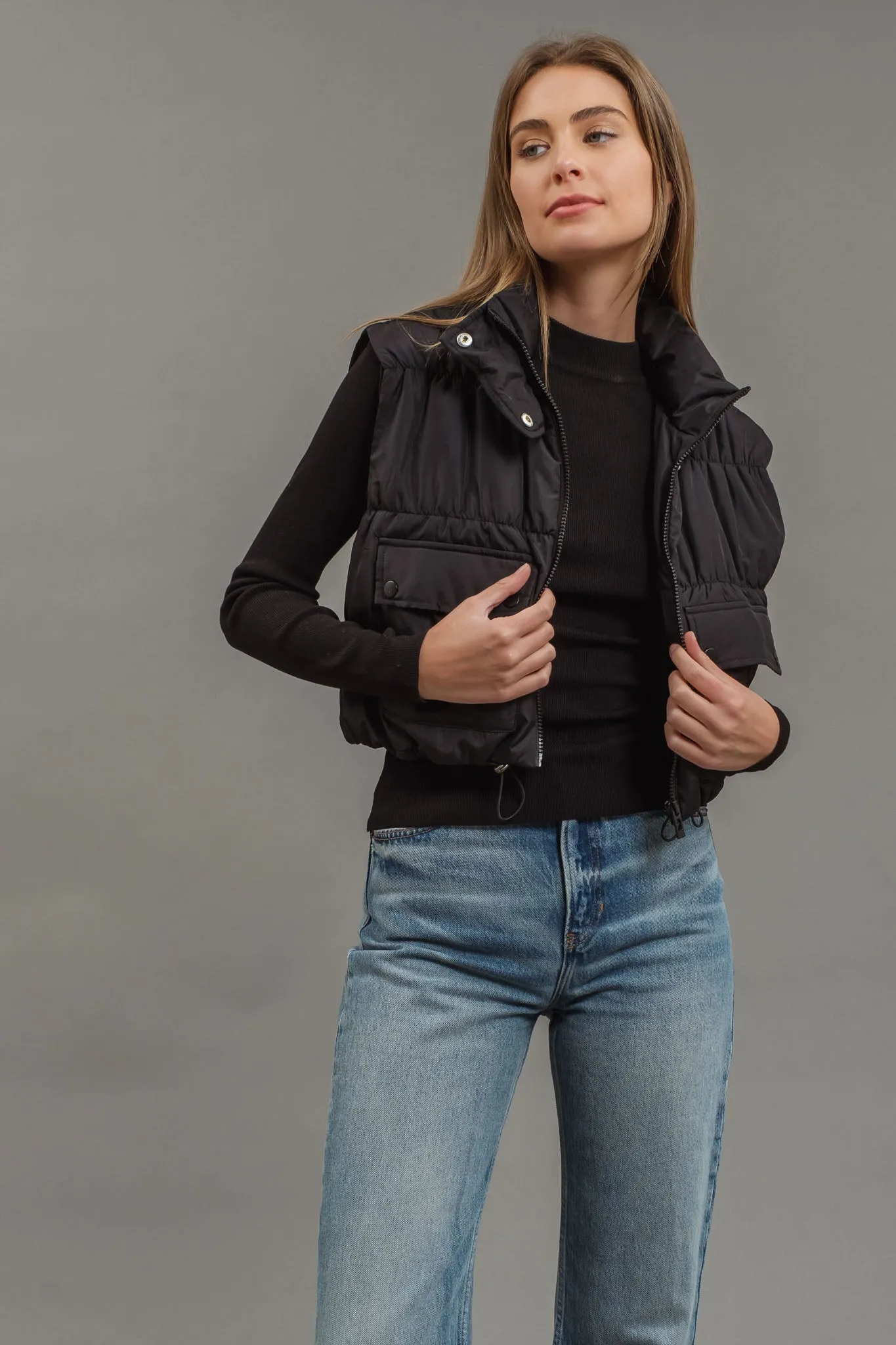 CROPPED ZIP UP CARGO PUFFER VEST