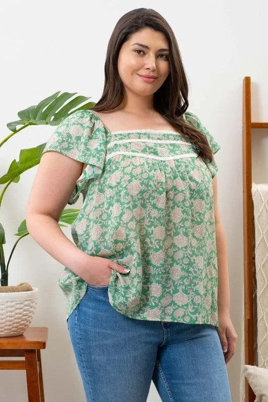 Curvy/Plus Green Floral Paisley Flutter Sleeve Top