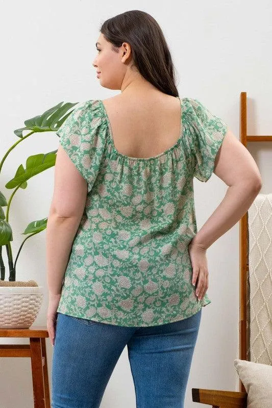 Curvy/Plus Green Floral Paisley Flutter Sleeve Top