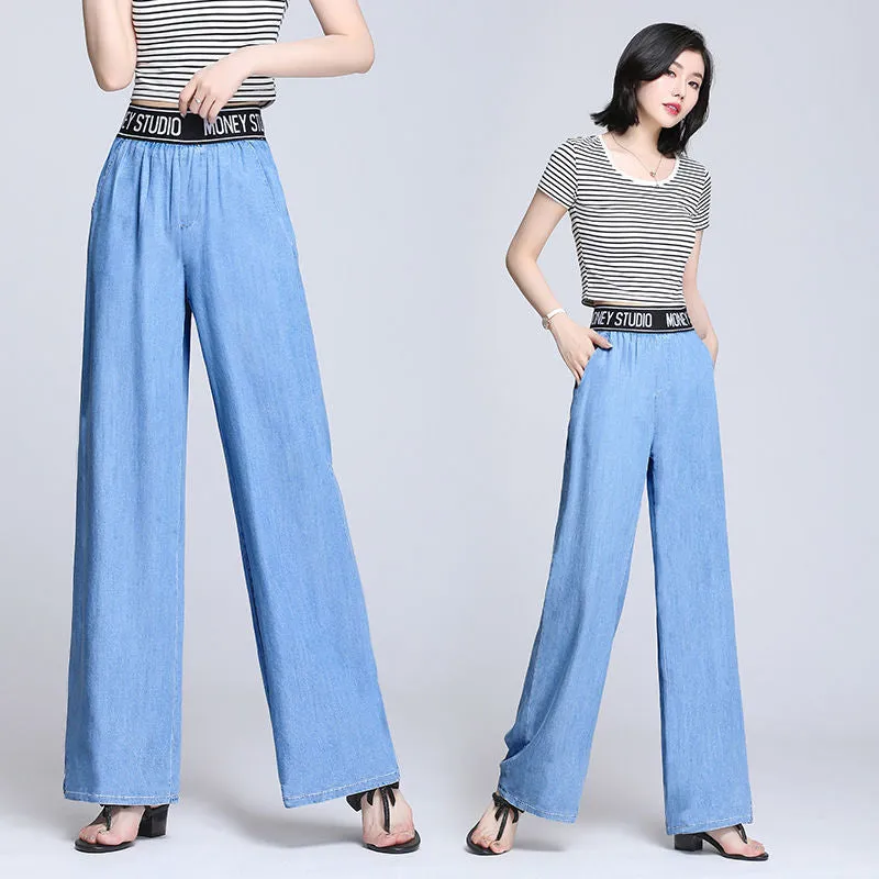 Denim Pants Women High Waist Summer Thin Drape Loose Straight Ice Silk Casual Wide Leg Pants