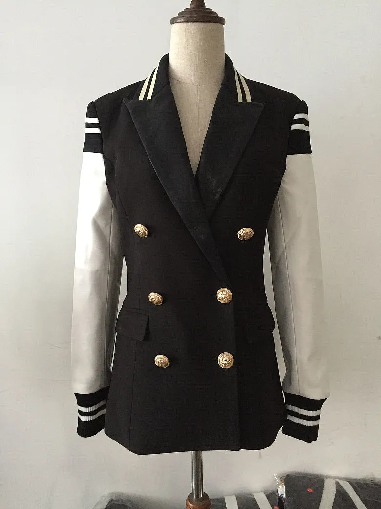 Designer Blazer  Leather Patchwork Double Breasted Blazer