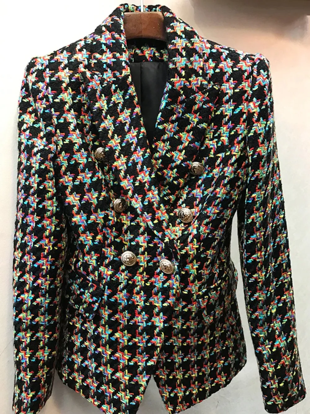 Double-Breasted Houndstooth Tweed Blazer