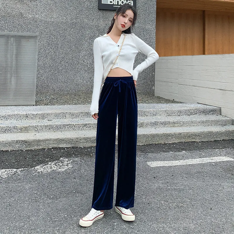 Drape Wide Leg Pants Women High Waist Floor Length Loose Drawstring Straight Casual Pants