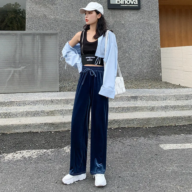 Drape Wide Leg Pants Women High Waist Floor Length Loose Drawstring Straight Casual Pants