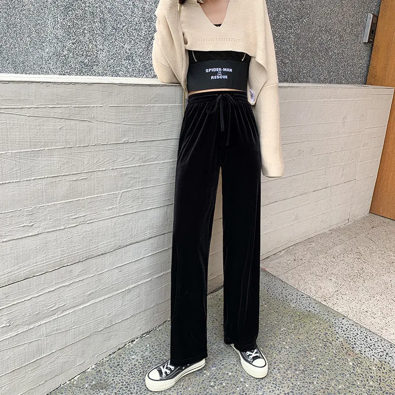 Drape Wide Leg Pants Women High Waist Floor Length Loose Drawstring Straight Casual Pants