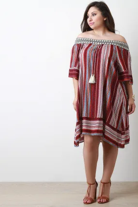 Embroidered Tribal Print Off-The-Shoulder A-Line Dress