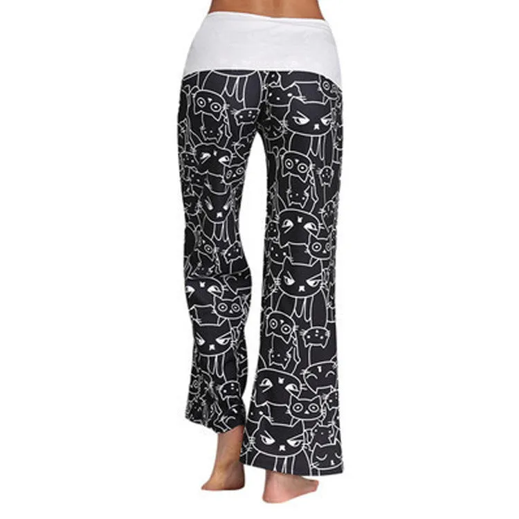 Europe Popular Digital Printed Cartoon Kitty Pattern Flare Leg Pants Wide Leg Women Pants