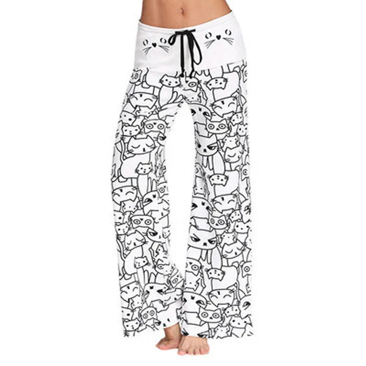 Europe Popular Digital Printed Cartoon Kitty Pattern Flare Leg Pants Wide Leg Women Pants