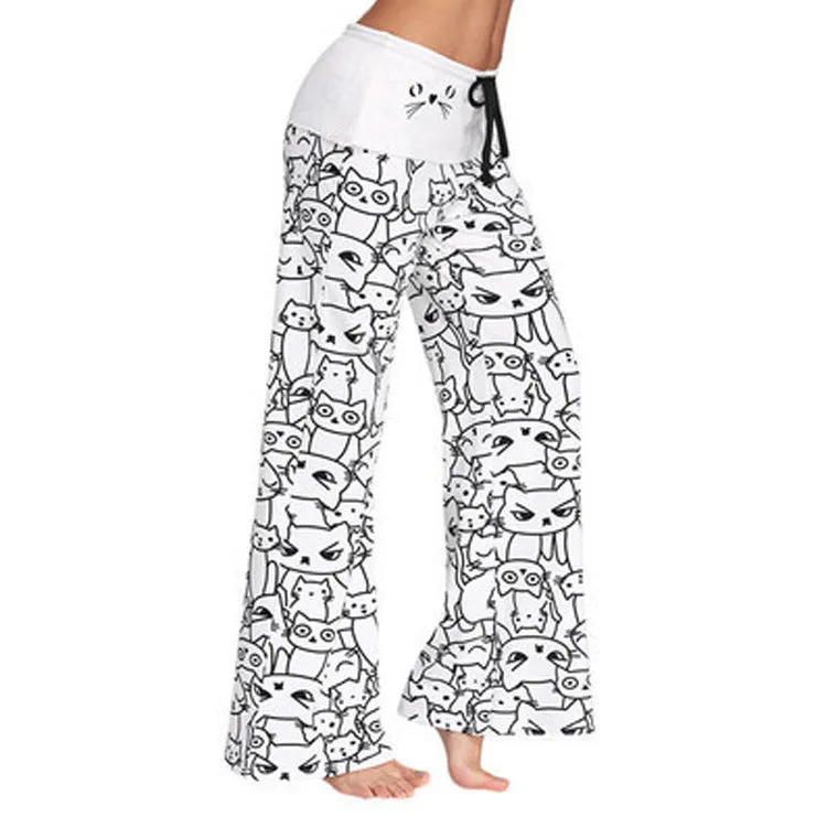 Europe Popular Digital Printed Cartoon Kitty Pattern Flare Leg Pants Wide Leg Women Pants