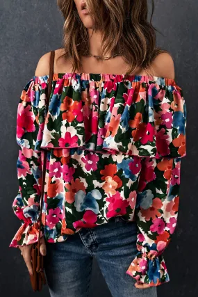 Floral Off-Shoulder Flounce Sleeve Layered Blouse