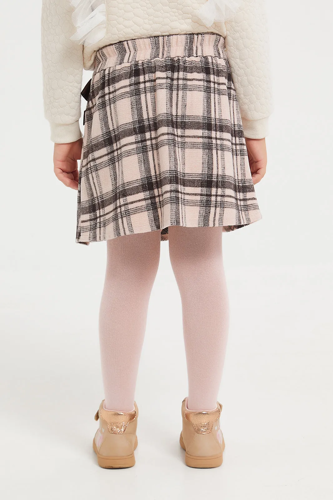 Girls Pink Checks Side Pleated Skirt With Stockings