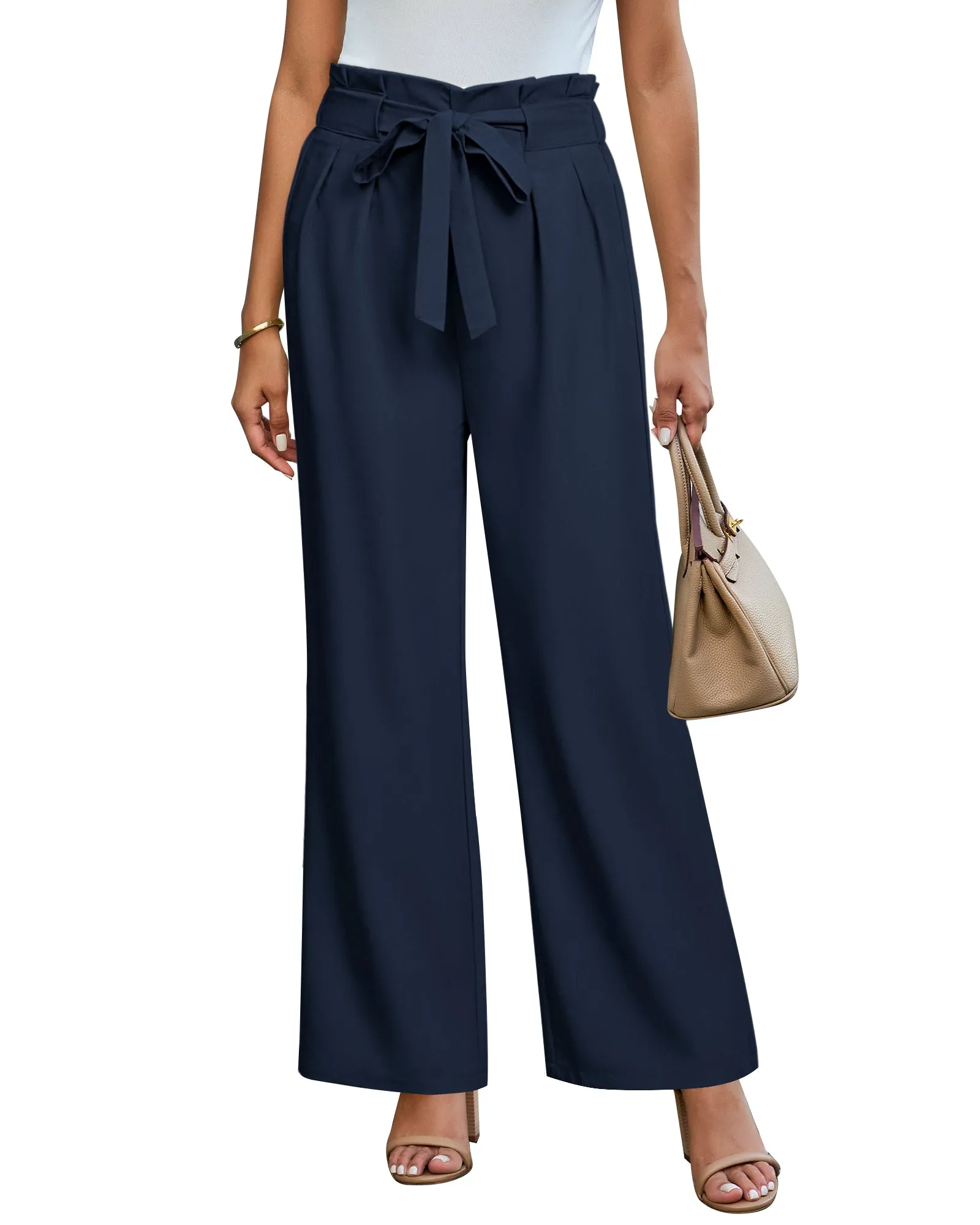 GRAPENT Dress Pants Women High Waisted Wide Leg Work Pants Dressy Casual Trendy Elastic Waist Pleated Belted Trousers