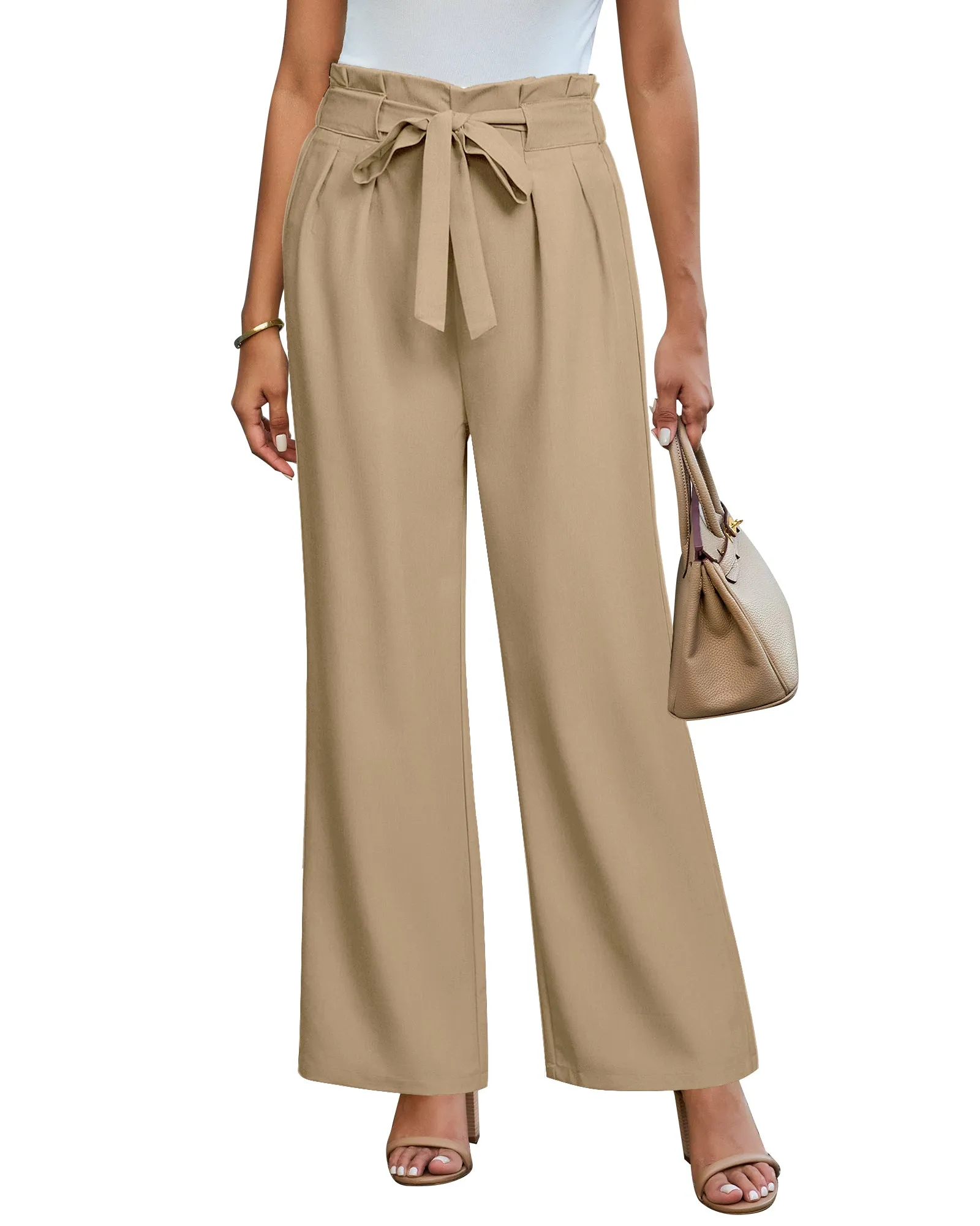 GRAPENT Dress Pants Women High Waisted Wide Leg Work Pants Dressy Casual Trendy Elastic Waist Pleated Belted Trousers