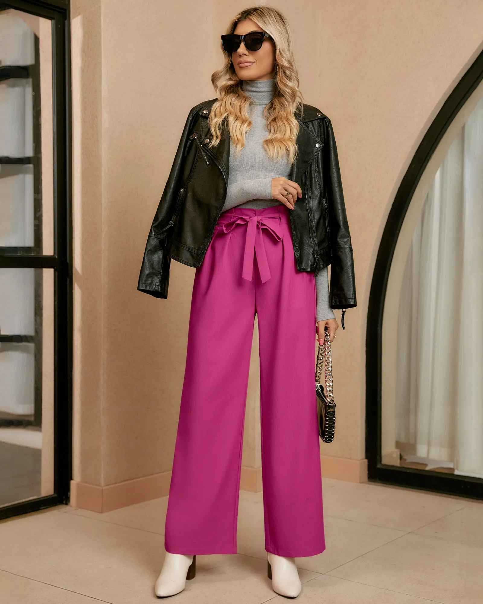 GRAPENT Dress Pants Women High Waisted Wide Leg Work Pants Dressy Casual Trendy Elastic Waist Pleated Belted Trousers