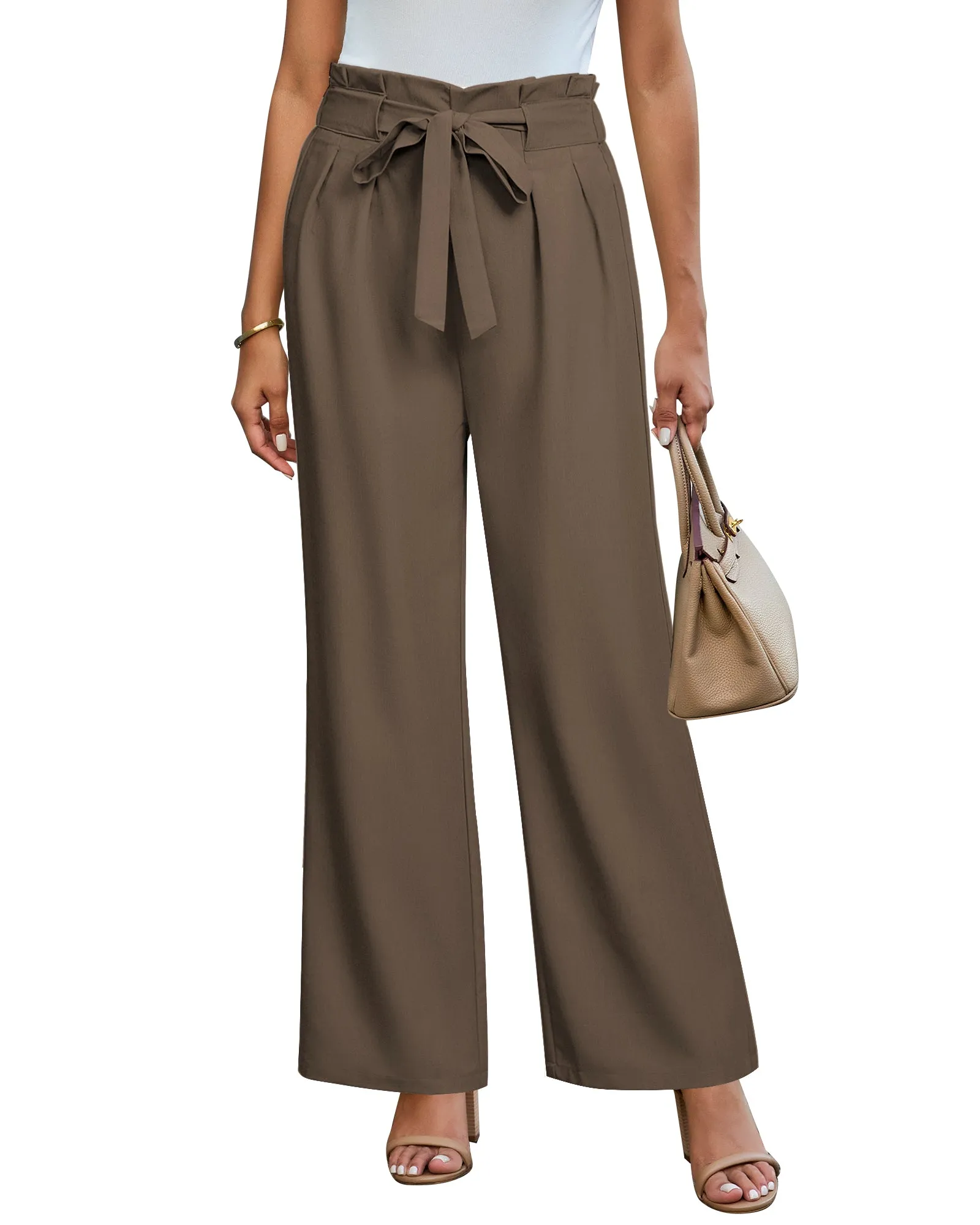 GRAPENT Dress Pants Women High Waisted Wide Leg Work Pants Dressy Casual Trendy Elastic Waist Pleated Belted Trousers