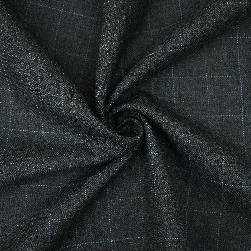 Gray-Blue-Green Poly Wool Check Herringbone Suiting Woven Fabric