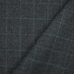 Gray-Blue-Green Poly Wool Check Herringbone Suiting Woven Fabric