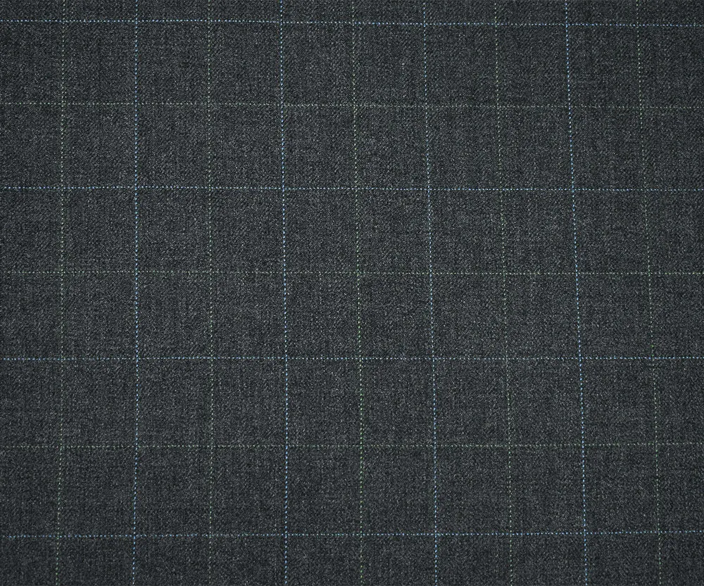 Gray-Blue-Green Poly Wool Check Herringbone Suiting Woven Fabric