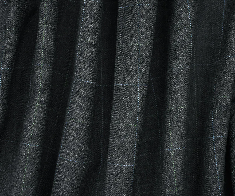 Gray-Blue-Green Poly Wool Check Herringbone Suiting Woven Fabric