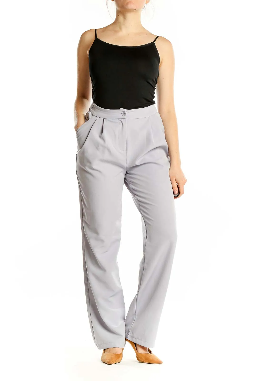 Gray Pleated Wide-Leg Trousers