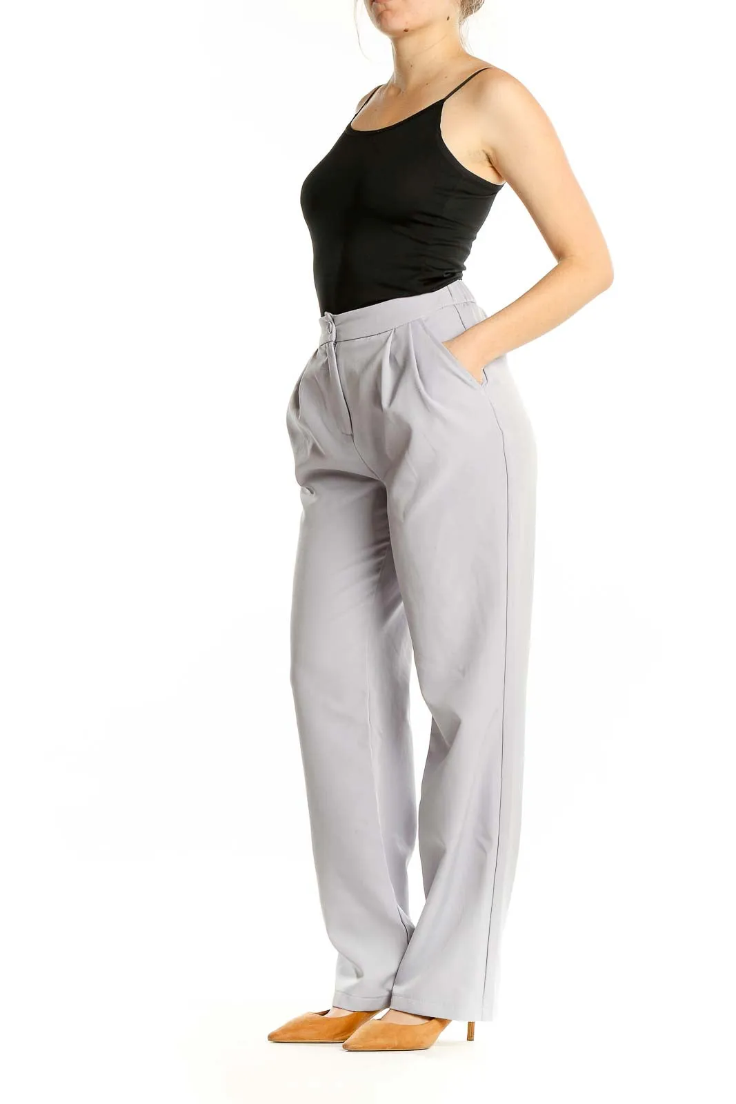 Gray Pleated Wide-Leg Trousers